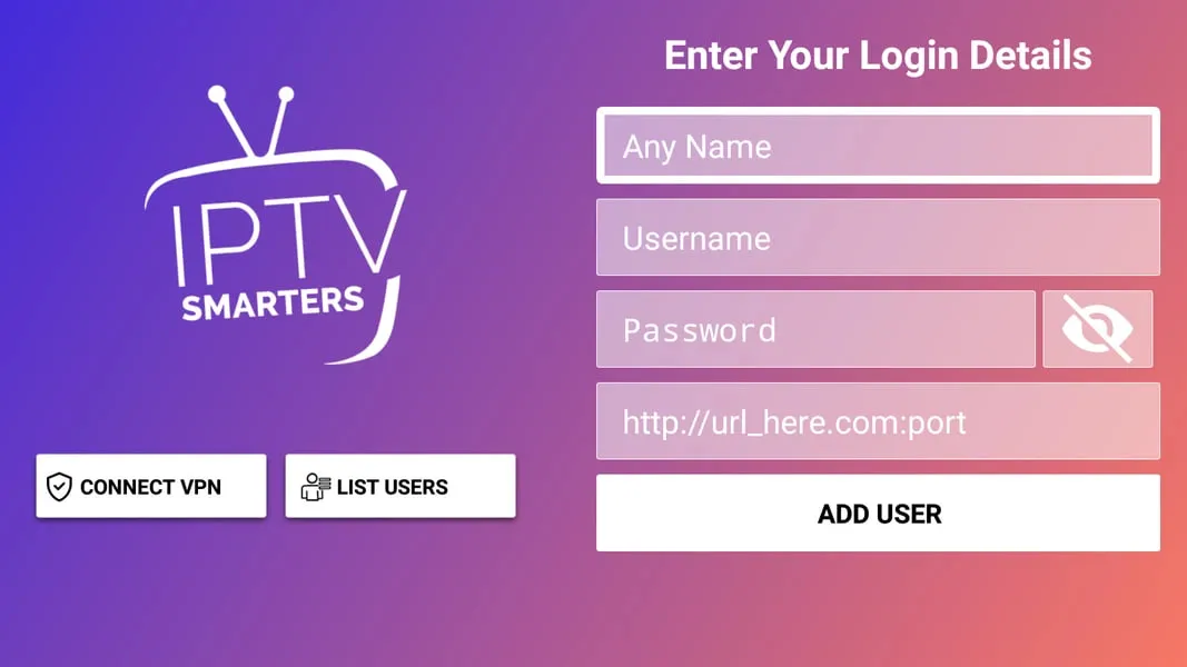 Frixplay IPTV Smarters Pro login form — Xtream Codes credentials entry screen